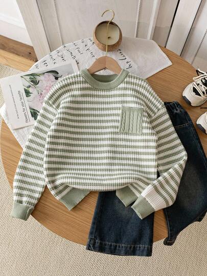 Genkimix Kids 男童厚针织圆领薄荷绿条纹毛衣，百搭款式，百搭，宽松落肩，罗纹袖口，温暖舒适，适合万圣节、圣诞节、节日季节