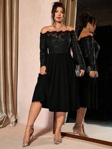 Cravure Plus Size Women Lace Patchwork Off Shoulder Dress, DiverChic Elegant Party - Black - View 5