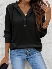 EMERY ROSE Volta às aulas e Dia dos Professores - Novidade! Moletom feminino plus size preto com capuz e mangas compridas, ideal para o outono/inverno. Moletom feminino preto com decote em V e mangas compridas. - Multicolorido - Ver 4