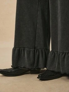 Easelle Pantalones de chándal rectos de cintura elástica y cordón en unicolor para mujer - Negro - Ver 7