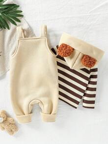 SHEIN Playful Pals 2件裝嬰兒男寶寶可愛秋季米色泰迪熊刺繡連身褲 & 條紋3D絨毛耳連帽外套套裝 適合家庭搭配嬰兒衣物吊帶褲 - 彩色 - 查看 5