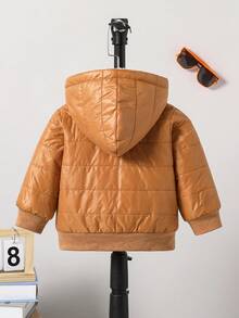 SHEIN 男嬰棕色冬季牛仔俱樂部字母貼布泰迪內裡毛絨全拉鍊連帽外套，保暖蓬鬆夾棉外套，附口袋，寬鬆版型 (6個月-3歲) - 棕色 - 查看 3