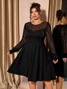 Cravure Abito elegante e aderente da donna taglie forti, con perline e colori a contrasto, abito da sera con patch in rete e vita stretta per feste e serate - nero - Visualizzare 3