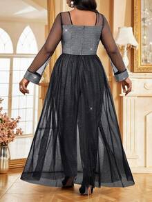 Fleurora Mono de manga larga con escote entallado, brillos metálicos y malla de contraste, ideal para fiestas elegantes, bodas, San Valentín, cócteles, conciertos y festivales de música. Disponible en tallas grandes para mujeres. Prendas glamorosas para ocasiones de fiesta en otoño e invierno. - Plateado - Ver 2