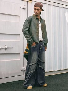 AXEPEAK Men's Retro Distressed Slant Pocket Loose Wide-Leg Jeans - Medium Wash - View 6