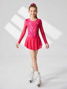 Trang phục trượt băng nghệ thuật cho bé gái tuổi vị thành niên, họa tiết hoa màu hồng cánh sen, đính đá lấp lánh thanh lịch, tay dài, chân váy lưới ôm sát, thoải mái và hợp thời trang khi thi đấu và luyện tập - Màu Hồng Tươi - Xem 5