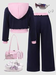 Sparklyn 冬季服装、冬季套装、儿童冬季服装、秋季服装、万圣节、万圣节服装、圣诞节服装、两件套少女字母印花连帽棒球夹克和休闲裤套装 - 彩色 - 查看 2