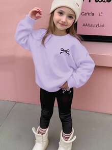 SHEIN Happikins 2pcs/Set Young Girl Casual Minimalist Cute Bow Decor Long Sleeve Crew Neck Sweatshirt And Pants Outfit, Suitable For Autumn/Winter Fall - Mauve Purple - View 1