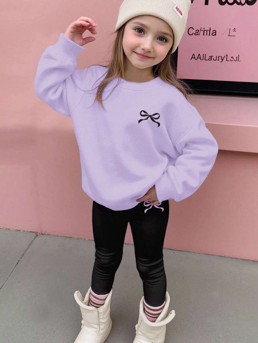 SHEIN Happikins 2pcs/Set Young Girl Casual Minimalist Cute Bow Decor Long Sleeve Crew Neck Sweatshirt And Pants Outfit, Suitable For Autumn/Winter Fall - Mauve Purple - View 1