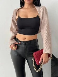SHEIN LUNE 女式休闲纯色短款针织上衣 - 摩卡棕 - 查看 1