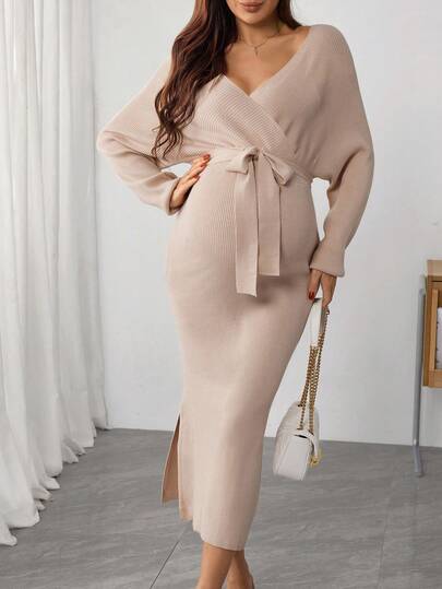SHEIN Abito maglione elegante da donna incinta, a tinta unita, con maniche a pipistrello e scollo incrociato avvolgente