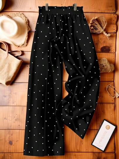 EMERY ROSE 大码女款波点印花宽松裤黑色休闲浪漫教师节春夏通勤波点裤黑色裤子阔腿裤女裤