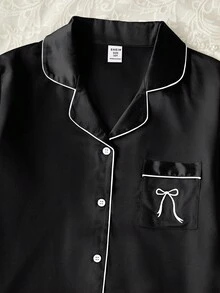 Bộ đồ ngủ 2 món tay dài thêu bèo nhún màu đen trơn và quần dài cho bé gái, Xuân/Thu - màu đen - Xem 3