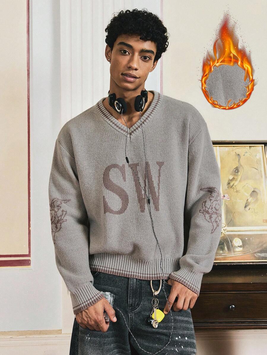 SWAVVY Suéter con estampado de letras de moda para hombre en otoño/invierno