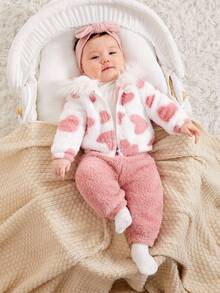 SHEIN Neugeborenen Baby Mädchen Jacke, rosa Herz Plüsch warme Kapuzenjacke, geeignet für Outdoor, Partys und andere Anlässe im Herbst und Winter