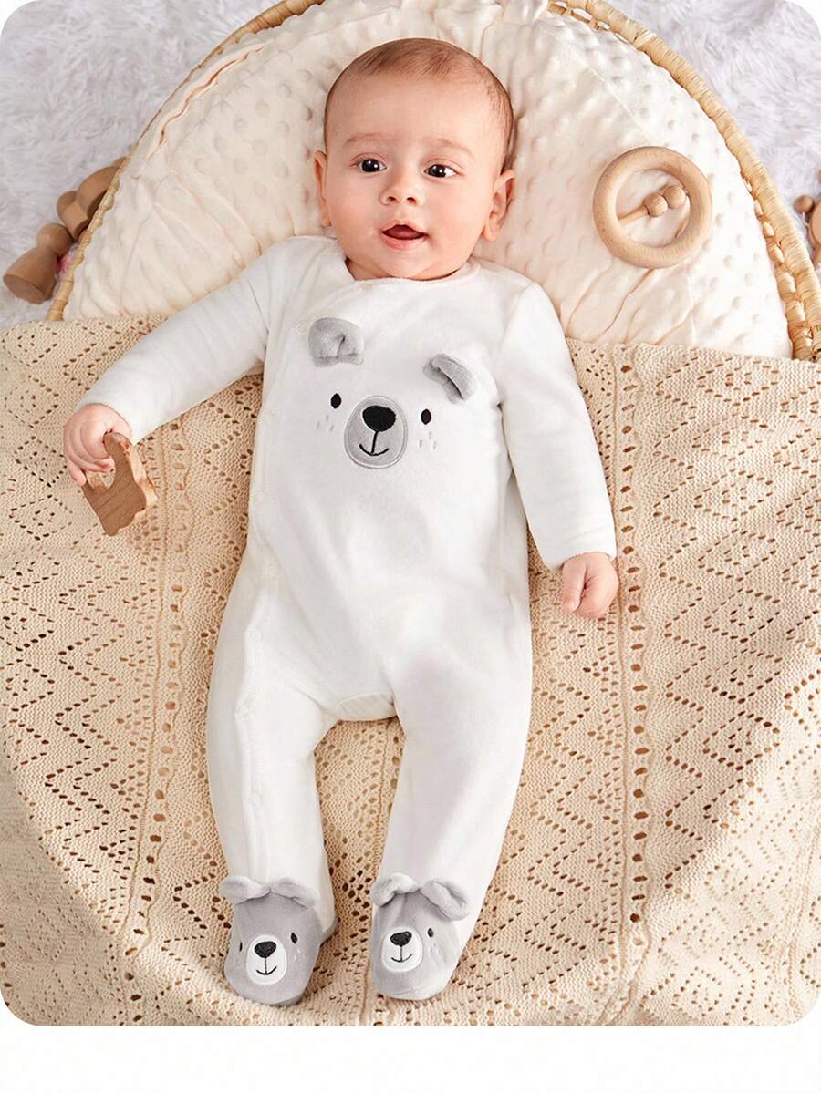 SHEIN Baby Boy Cute Animal Pattern Round Neck Long Sleeve Jumpsuit - White - View 1