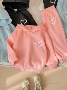 6 件套：女婴可爱纯色心形图案连帽卫衣和松紧腰裤套装，适合秋冬季 - 彩色 - 查看 4