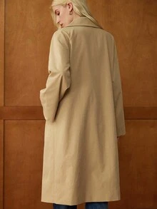 Écloséra 优雅法式复古卡其色衬衫领长袖格子撞色前开春秋女式风衣 - 卡其色 - 查看 2