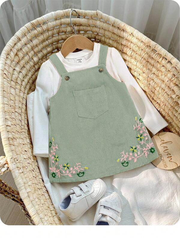 SHEIN Baby Girl Floral Embroidery Overall Dress Without Tee