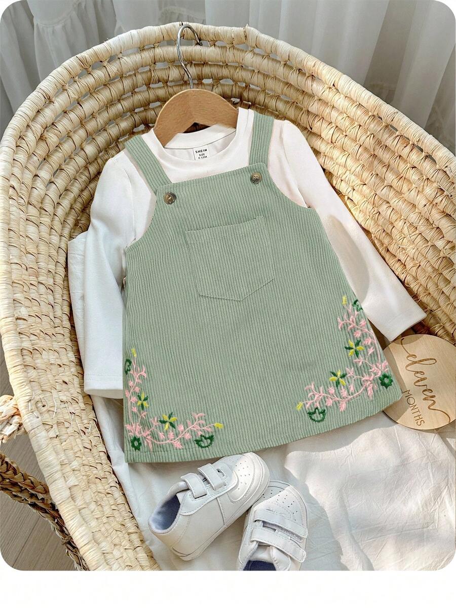 SHEIN Bebé niña Vestido overol con bordado floral sin camiseta - Verde - Ver 1