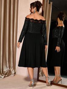 Cravure Plus Size Women Lace Patchwork Off Shoulder Dress, DiverChic Elegant Party - Black - View 2