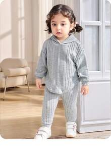 SHEIN Baby Girl Ribbed Knit Hooded Sweatshirt & Leggings - Grey - View 1