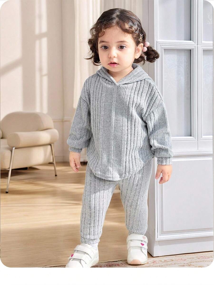 SHEIN Baby Girl Ribbed Knit Hooded Sweatshirt & Leggings - Grey - View 1