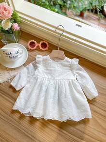 SHEIN 新生兒女寶寶休閒可愛刺繡波邊長袖連衣裙 - 白色 - 查看 7