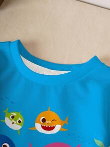 BABY SHARK X SHEIN Baby Boy Casual Cartoon Shark Print Crew Neck Sweatshirt, Autumn - White - View 3
