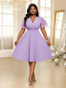Fleurora 大码纯色简约V领短袖休闲连衣裙 - 淡紫色 - 查看 3