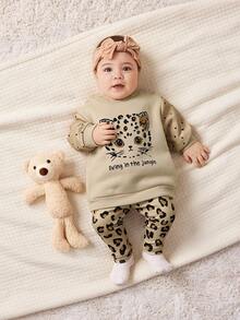 SHEIN 新生女婴圆点印花长袖卡通连帽衫和豹纹裤套装，厚保暖内衬，适合秋冬季 - 卡其色 - 查看 3