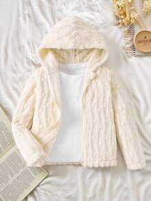 SHEIN Elladie kids 少女白色蓬松夹克，冬季，柔软毛绒材质，长款设计，舒适合身，经典白色 - 米色 - 查看 3
