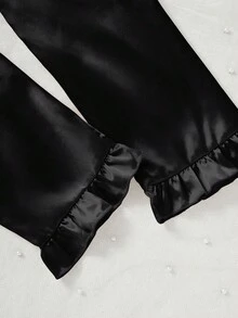 Bộ đồ ngủ 2 món tay dài thêu bèo nhún màu đen trơn và quần dài cho bé gái, Xuân/Thu - màu đen - Xem 4