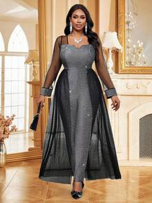Fleurora Mono de manga larga con escote entallado, brillos metálicos y malla de contraste, ideal para fiestas elegantes, bodas, San Valentín, cócteles, conciertos y festivales de música. Disponible en tallas grandes para mujeres. Prendas glamorosas para ocasiones de fiesta en otoño e invierno. - Plateado - Ver 4