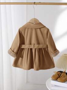 SHEIN Baby Girl Cute Minimalist Brown Thermal Lined Long Coat With Lapel Collar, Autumn/Winter