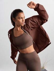 In My Nature Women's Solid Color Drop Shoulder Hooded Casual Zip-Up Drawstring Versatile Outdoor Jacket - Burgundy - View 6