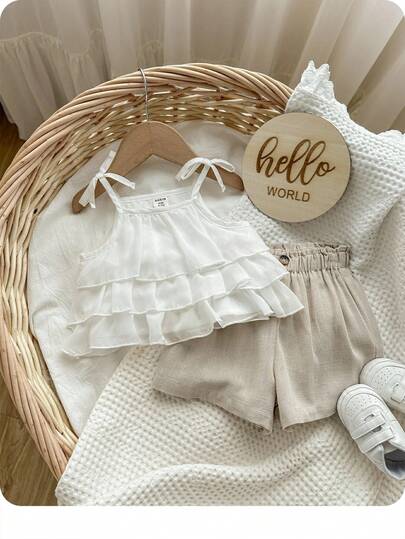 Baby Girl Layered Hem Tie Shoulder Cami Top & Paper Bag Waist Shorts