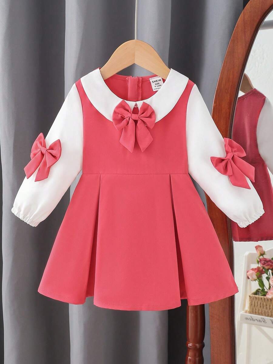 SHEIN فستان بياقة بيتر بان وكشكشة وفيونكة للبنات الصغار، أنيق وجميل للارتداء اليومي، فستان خريفي