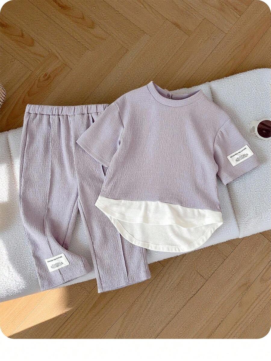SHEIN 女婴可爱拼色针织二合一中长袖上衣和松紧腰长裤套装,春夏 - 紫色 - 查看 1