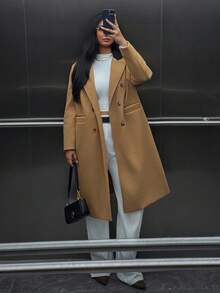 SHEIN Clasi Áo khoác cỡ lớn dành cho nữ, kiểu cổ ve áo chắp vá. - Màu Khaki - Xem 4