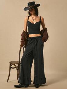 Easelle Pantalones de chándal rectos de cintura elástica y cordón en unicolor para mujer - Negro - Ver 4