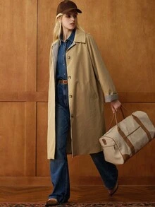 Écloséra 优雅法式复古卡其色衬衫领长袖格子撞色前开春秋女式风衣 - 卡其色 - 查看 6