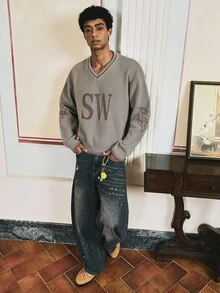 SWAVVY Suéter con estampado de letras de moda para hombre en otoño/invierno