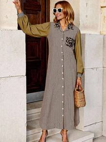 INAWLY Women's Solid Splicing Long Sleeve Pocket Simple Casual Long Dress - Multicolor - View 1