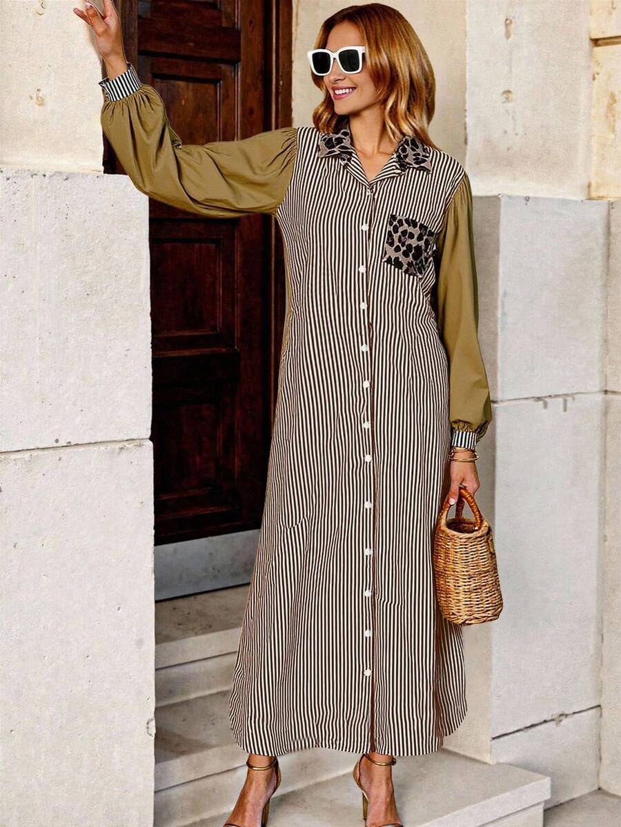 INAWLY Women's Solid Splicing Long Sleeve Pocket Simple Casual Long Dress - Multicolor - View 1