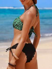 SHEIN Swim Summer Beach Graphic Print Knot Front Bandeau Tie Side Bikini Set - Dark Green - View 2