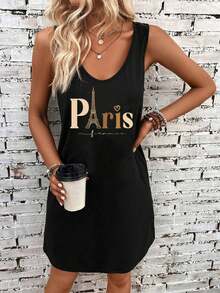 EMERY ROSE 女士休閒無袖連衣裙，簡約圓領和巴黎圖案印花，適合夏季