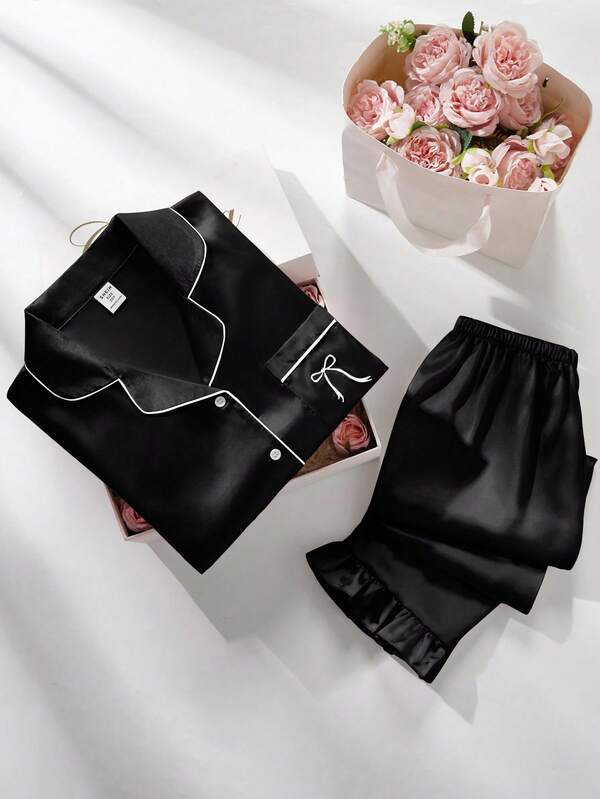 2 Stücke Mädchen Schwarz einfarbig Bestickter Rüschen Ärmel Langarm Top und Hose Pyjama Set, Frühling/Herbst