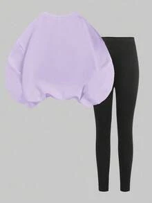 SHEIN Happikins 2pcs/Set Young Girl Casual Minimalist Cute Bow Decor Long Sleeve Crew Neck Sweatshirt And Pants Outfit, Suitable For Autumn/Winter Fall - Mauve Purple - View 2