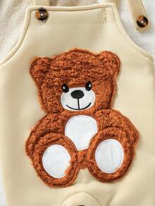 SHEIN Playful Pals 2件裝嬰兒男寶寶可愛秋季米色泰迪熊刺繡連身褲 & 條紋3D絨毛耳連帽外套套裝 適合家庭搭配嬰兒衣物吊帶褲 - 彩色 - 查看 8